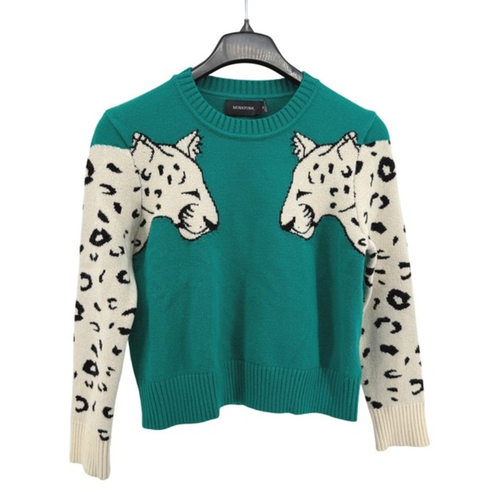 MINKPINK Teal Cheetah Leopard Knit Womens XS Pre-Owned Crew Neck LS Sweater